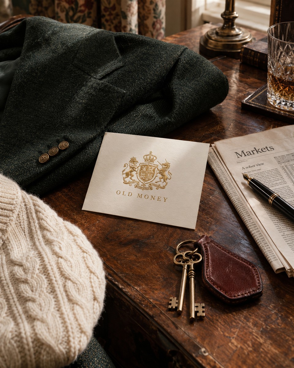 A racing-green blazer, an ivory Old Money card, and antique keys on a walnut desk
