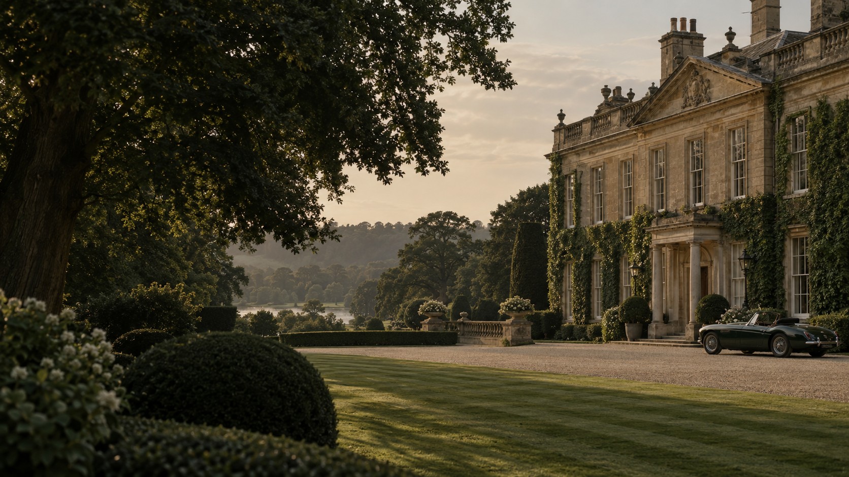 An ivy-covered country estate overlooking manicured lawns and a vintage green roadster